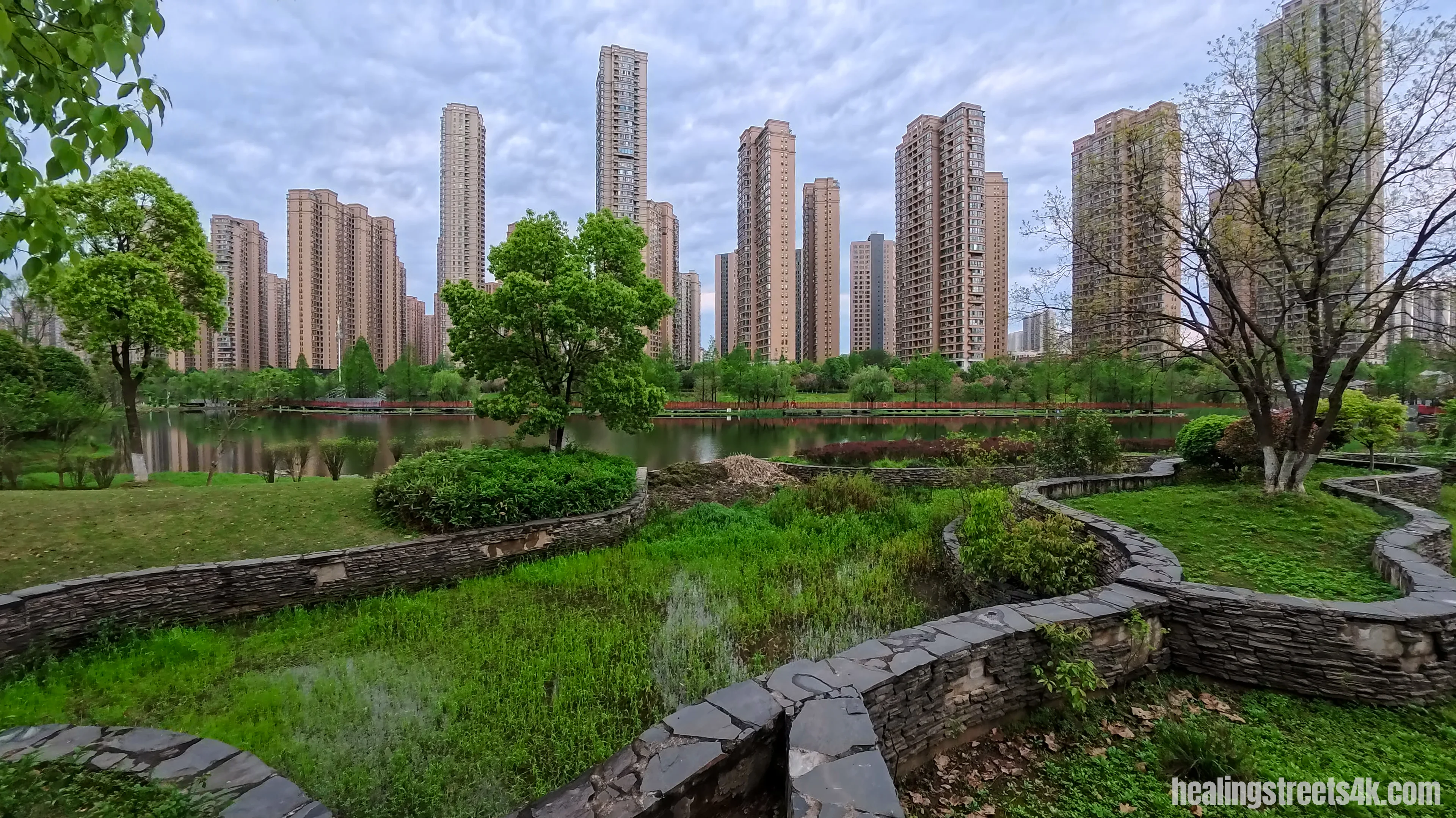 Urban green riverside path